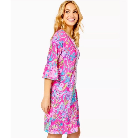 LILLY PULITZER Embroidered Neckline Tunic Dress Isle Shell Me Pink Size M NWT - Picture 3 of 7